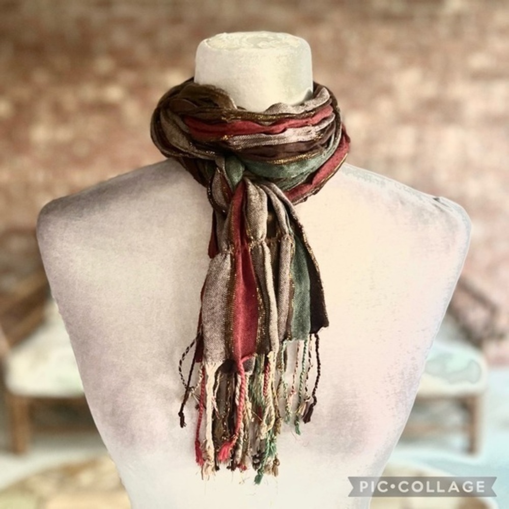 Scarf Brown Rust Gold Metallic Long Fall Fringe Oblong Fashion Soft Comfy